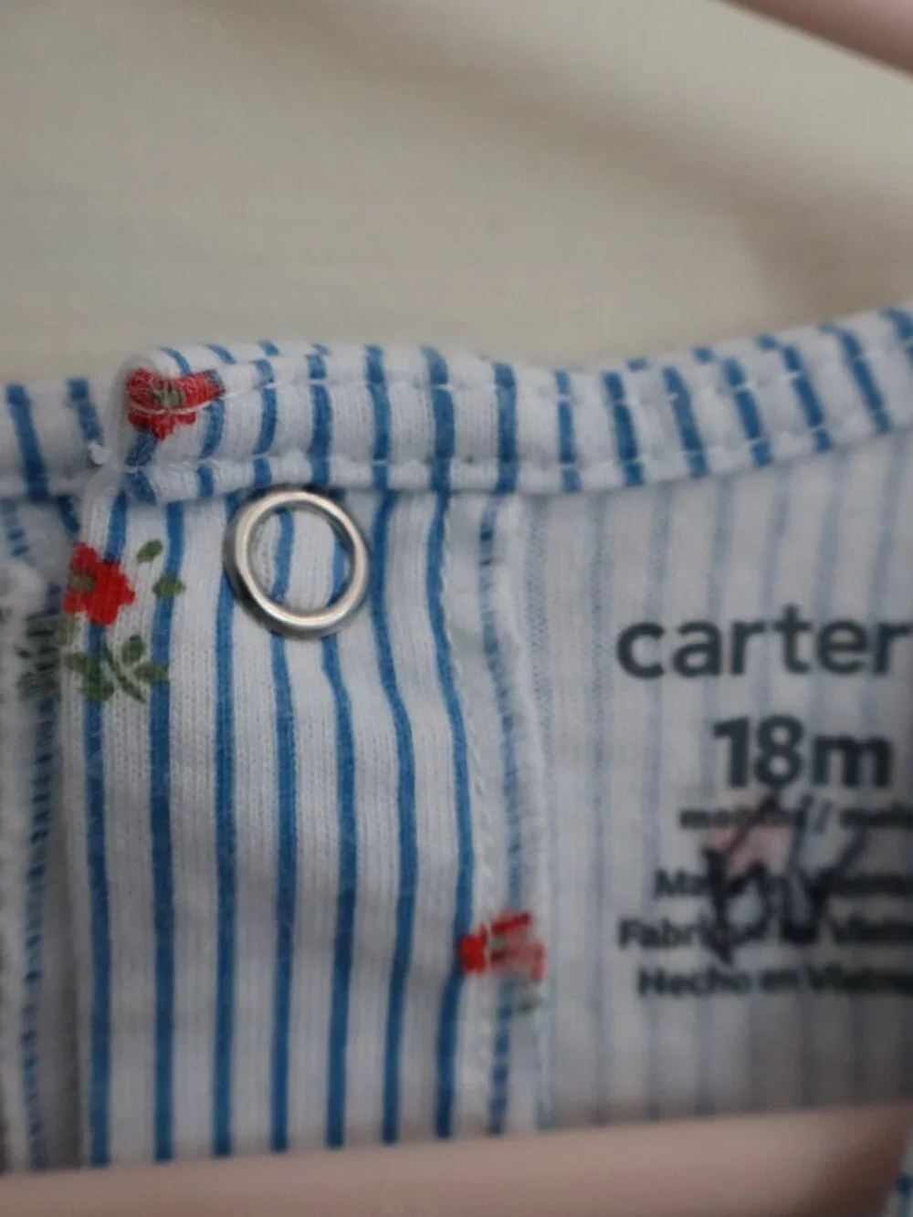 Carter's Jumper/Romper Blue stripes with red florals and ruffle sleeves Sz 18m